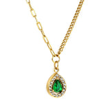Spring 2024 teardrop green diamond + white diamond circle pendant necklace 46+5cm **SHIPS FROM USA**