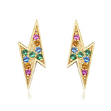 S925 Sterling Silver Micro Inlaid Colorful Zircon Earrings for Women New Style Simple Geometric 14K Gold Plated Lightning Earrings Versatile Small Accessories