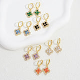 Flowers Inlay Earrings in Copper with 18K Real Gold Water Plating and Zircon, Featuring 0.03µm Plating Thickness