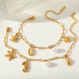 Hawaiian Lady Beach Tortoise Star Conch 18K Gold Plated Imitation Pearl 304 Stainless Steel Paperclip Chain Lobster Trigger Clasp Closure Chain & Link Bracelets BOXPOSH