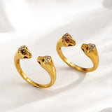 Fashion 18K Gold Plated 304 Stainless Steel Colorful Rhinestone Animal 3D Double-Head Open Ring