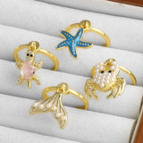 AS Jewelry  New  Hot-Selling Copper Plated 18K Gold Starfish Crab Pearl Fish Tail Pendant Ring Rik89