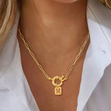 Versatile Fashion Rectangular Hollow Initial Spring Clasp Gold 201 Stainless Steel Paperclip Chain 18K Gold Plated Women's Necklace