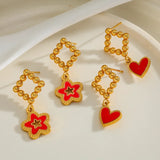 304 Stainless Steel Red Oil Drop Star Heart Earrings Water Plated Imitation Gold Vintage Style for Women