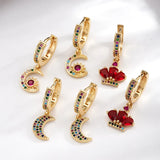 Copper Water Plated Micro Inlaid Colorful Zirconia Plated 18K Real Gold Crown Moon Sun Circle Shape Women's Earrings
