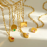 18K Gold Plated 201 Stainless Steel Vacuum Electroplating (In Furnace) Zircon Round Square Heart Shape Simple Style Cable Chain/Cross Chain/O Chain Pendant Necklace for Women Valentine's Day