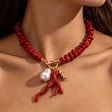 Coral Beaded Acrylic Choker Necklace for Women with Beaded Chain