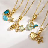 Fashion Ocean Style INS Style Copper Color Retention Electroplated Micro Inlaid Zircon Colorful Oil Drop Crab Starfish Shell Fish Conch Lobster Clasp Pendant Necklace
