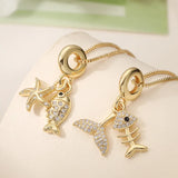 Trendy Copper Plated 18K Gold Zircon Starfish Fish Pendant Necklace Women Simple Versatile Matching Clavicle Chain Jewelry