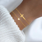 18K Gold Plated 2 Pieces/Set Classic Multi-Color Heart Crystal Cross 201 Stainless Steel Multi-Layer Chain Women's Bracelet