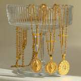 18K Gold Plated 201 Stainless Steel Vacuum Electroplating (In Furnace) Zircon Round Virgin Mary Electroplated Cuban Chain/Curb Chain Cable Chain/Cross Chain/O Chain Pendant Necklace for Women