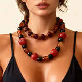 Ethnic Style Geometric Beaded Necklace for Women with Wood Pendant and Plastic Beads