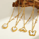 18K Gold Plated Stainless Steel Zircon Embedded Imitation Pearl Heart Flower Multi-Pendant Necklace Elegant Romantic Classic Style