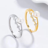 14K Gold Plated Rhodium Plated 925 Sterling Silver Double Layer Inlaid Diamond Freshwater Pearl Ring Women's Open Ring Zircon Jewelry