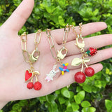 Heart-shaped Fruit Cherry Pendant Copper Plated 18k Gold Zircon Necklace Collarbone Chain Jewelry for Women Nkb435