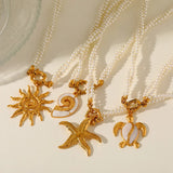 Elegant Stainless Steel 18K Gold Plated Fake Pearl Turtle Starfish Pendant Beaded Necklace For Women Classical Style Jewelry