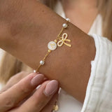 Vintage Sweet Round Shell Initial Bow Pendant Gold Women's Bead Chain Bracelet Universal Electroplated 14K Real Gold Zircon Copper