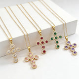 Women’s Cross Pendant Necklace with Zircon Inlay, 18K Real Gold Plated Copper, Featuring Water Plating and Cable Chain