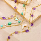 Ocean Purple Pebble Beaded Chain Bracelet Double Layer Stainless Steel Dolphin Starfish Fish Tail Anklet