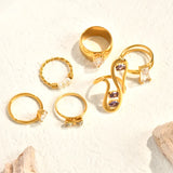 Irregular Inlaid Zircon Geometric Square Large Crystal Diamond Freshwater Pearl Bowknot Water Drop Stainless Steel 18k Gold Plated Ring