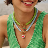 Heart Shape Pendant Necklace for Women with Natural Stone Beading and Titanium Steel Beaded Chain in Colour