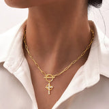 18K Gold Plated Gold / Silver Crown Cross Pendant OT Clasp 201 Stainless Steel Paperclip Chain Women's Necklace