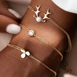 1 Piece Simple Style 18K Gold Plated S925 Silver Inlaid Zircon Deer Clover Pendant Multi-layer Stacking Bracelet for Women