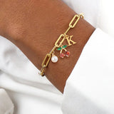 Charming Sweet Cherry Pearl Pendant Bracelet Gold Stainless Steel Lobster Clasp Women's Bracelet Cute Classic Style Four Seasons