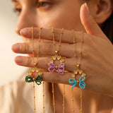 Purple Flowers Beading Necklace for Women with 304 Stainless Steel and Seed Bead Inlay on Beaded Chain