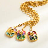 18K Gold Plated Stainless Steel Pearl Embedded 3D Flower Pendant Necklace Women Casual Fashion Weekend Indoor Daily Holiday