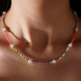 Round Beading Imitation Pearl Necklace for Women with Rope Beaded Chain
