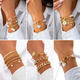 Retro Imitation Pearl Beaded Bracelet Set Simple Heart Shaped Diamond Versatile Hand Jewelry  Style For Women
