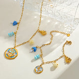 18K Gold Plated Stainless Steel Flower Multi-Pendent Necklace Embedded Zirconia Pearls Elegant Casual Weekend Date Selfie Jewelry Set