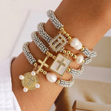 Golden Rectangle Heart Cross Bracelet Versatile Diamond Embedded Peach Heart Spacer Beads For Women Geometric Pattern Ins Style