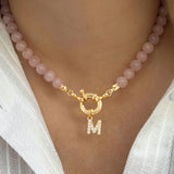 Vintage 18K Gold Plated Copper Zircon Micro Inlaid Initial Pendant Spring Clasp Pink Stone Beaded Women's Necklace