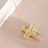 18K Gold Plated Hammered Texture Cross Pendant Necklace with Zircon Inlay for Women, Water Plated Cable Chain