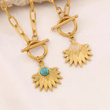 French Vintage Stainless Steel Natural Stone Fan Shaped Pendant Necklace Women's Cat Eye Stone OT Clasp Safety Pin Collarbone Chain