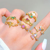 Sweet Flowers Copper Ring for Women with Zircon Inlay, Available in Colour