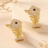 Cute Fish Bone Stud Earrings with Claw Setting, Unisex Design in Copper with 14K Real Gold Water Plating and Zircon Inlay