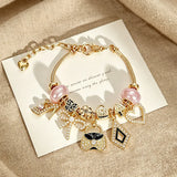 Sweet Style Bow Tie Multi Charms Bracelet for Women, Electroplated Stainless Steel with Beading and Rhinestone Inlay