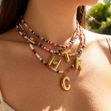 Personalized 26 Letter Pendant Colorful Beaded Collarbone Chain Winter Sweater Small Rice Beaded Necklace Vintage Women
