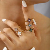 Four-leaf Flower Inlaid Shell Zircon Oil Drop 304 Stainless Steel 18k Gold Plated Waterproof Non-Fading Women's Ring