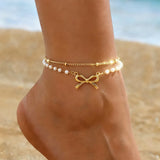Waterproof Non Tarnish Bow Tie Anklet for Women in Golden Plated 304 Stainless Steel with Cable Chain Featuring Water Plating