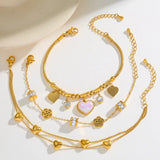 18K Gold Plated 304 Stainless Steel Vacuum Electroplating (In Furnace) Zircon Heart-shaped Rose Flower Electroplating Inlaid Cable Chain/Cross Chain/O-shaped Chain Snake Chain Bracelet for Women Valentine's Day