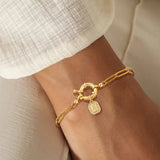 Vintage Classic Micro Pave Zircon Square Initial Spring Clasp Gold 201 Stainless Steel Paperclip Chain Women's Bracelet Vacuum Electroplated 18K Real Gold Elegant Sweet Simple Style