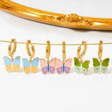 Sweet Girl Blogger's Same Style Oil Drop Butterfly Hoop Earrings 304 Stainless Steel Earrings Vacuum Electroplating 16K Real Gold Plating Platinum Cream Double Layer Blue Butterfly Pendant Earrings