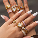 Geometric Waterproof Non Tarnish Rings for Women, 304 Stainless Steel with 18K Gold Plated PVD Coating and Zircon Inlay