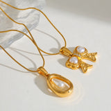 18K Gold Plated 304 Stainless Steel Vacuum Electroplating (In Furnace) Artificial Pearl Water Drop Pearl Bow Snake Chain Electroplating Vintage Pendant Necklace