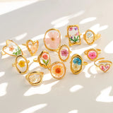 Stainless Steel Oval Dried Flower DIY Handmade Oil Drop Ring Jewelry For Girls Geometric Pattern Electroplated Floral Craft