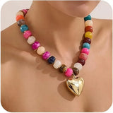 Exaggerated Heart Shape Resin Necklace with Beaded Chain Featuring Colour Beading Design